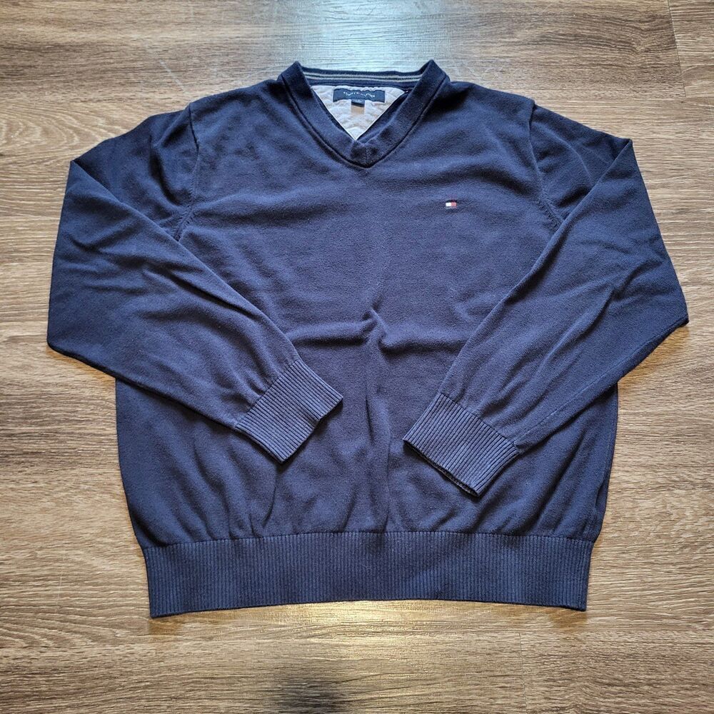 Tommy Hilfiger Men's V Neck Cotton Navy Sweater - Size Large